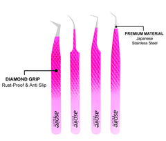 Professional Set Of 4 Diamond Grip with Fiber Tip Eyelash Extensions Tweezers Japanese Steel Lash Supply (PW-Ombreo)